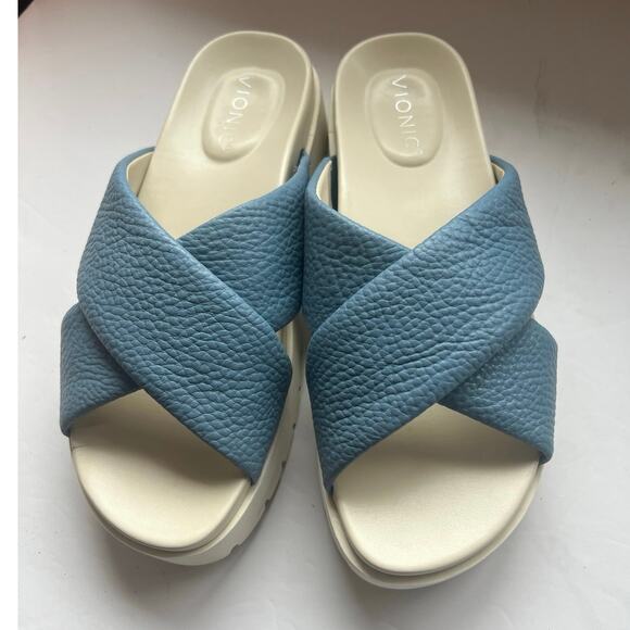 Vionic Vesta Pebbled Blue Leather CrissCross Slide On Comfort Platform Sandals 9 - Picture 2 of 12